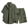 thumbnail image 2 of BinBiL Men's 2 Piece Vacation Outfits Short Sleeve Button Up Cuban Shirts and Drawstring Waist Beach Shorts Green M(M), 2 of 7