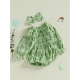 thumbnail image 4 of St Patricks Day Baby Girl Outfit Clover Print Smocked Bubble Romper Jumpsuits with Headband 0 3 6 12 18 Months Cotton Spring Clothes, 4 of 8
