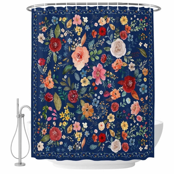 Navy Blue Flowers Shower Curtain Set - Standard 72" x 72" Washable Bathtub Curtain with 12 Hooks, Spring Vintage Floral Leaves Farmhouse Waterproof Fabric Stall Shower Curtains for Bathroom Décor