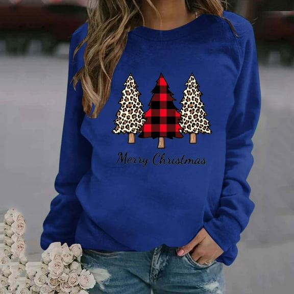 PNTUTB Fashionable Women's Christmas-Themed Print Casual Long Sleeve Crew Neck Cute Pullover Sweatshirt