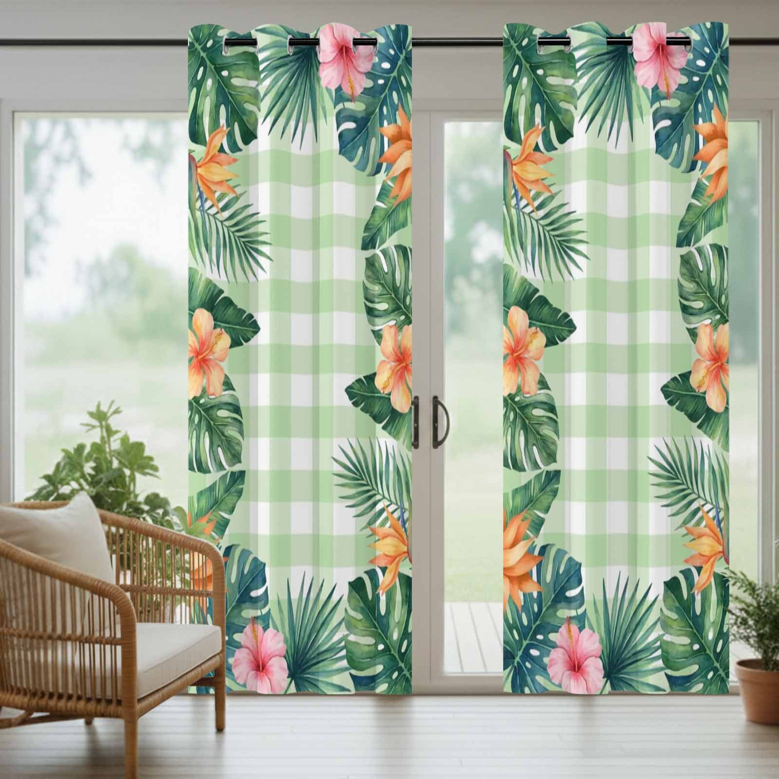 Summer Tropical Leaf Outdoor Curtains for Patio, Country Forest Green Leaf Pink Flower Green Plaid Sunshade Privacy Drapes Grommet Waterproof Outside Curtains for Porch Balcony 54"x108", 1 Panel