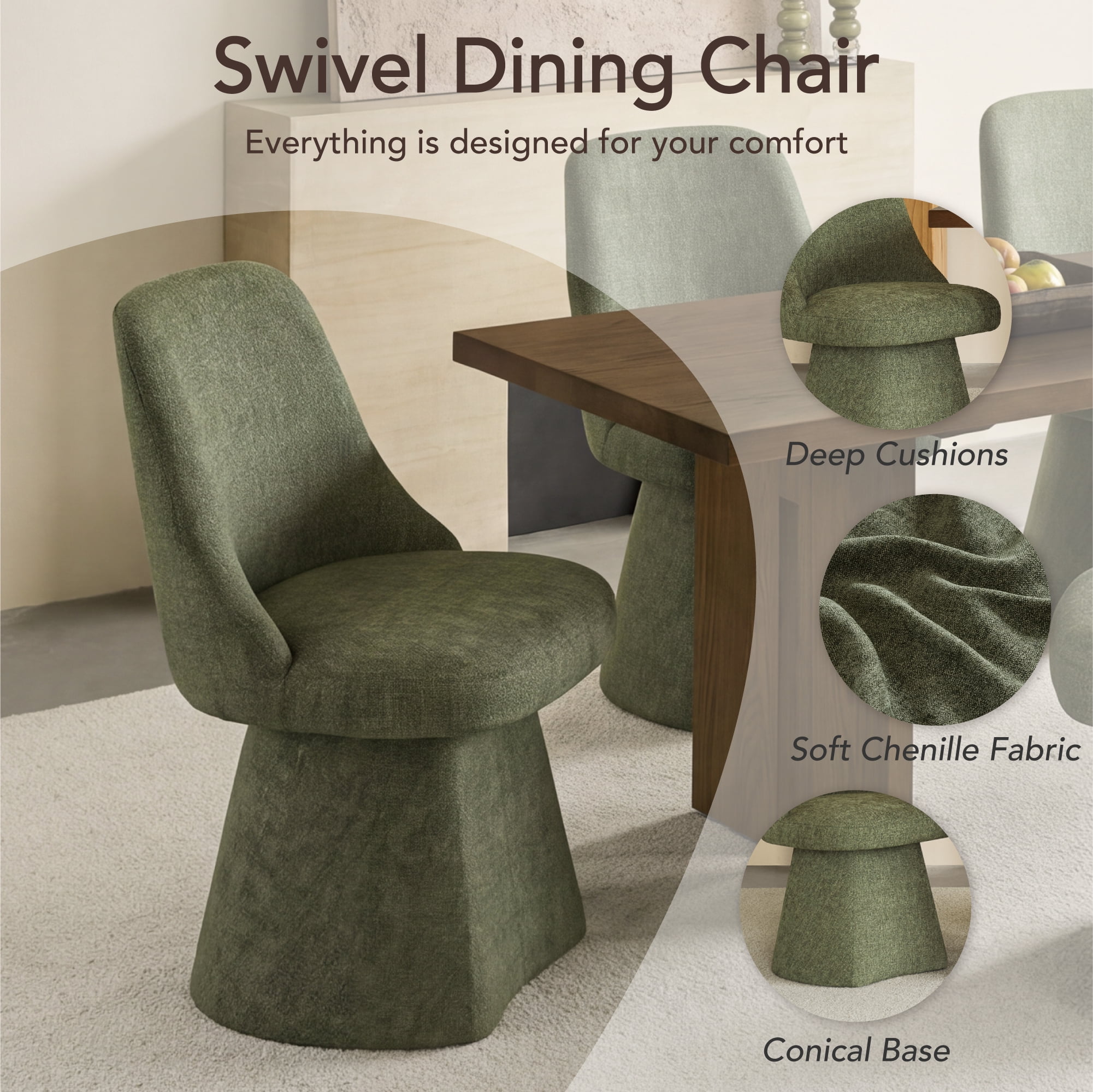 Spruce & Spring Modern 360-Degree Swivel Accent Dining Chair, High-Traffic Linen-Look Chenille Fabric, Green Moss
