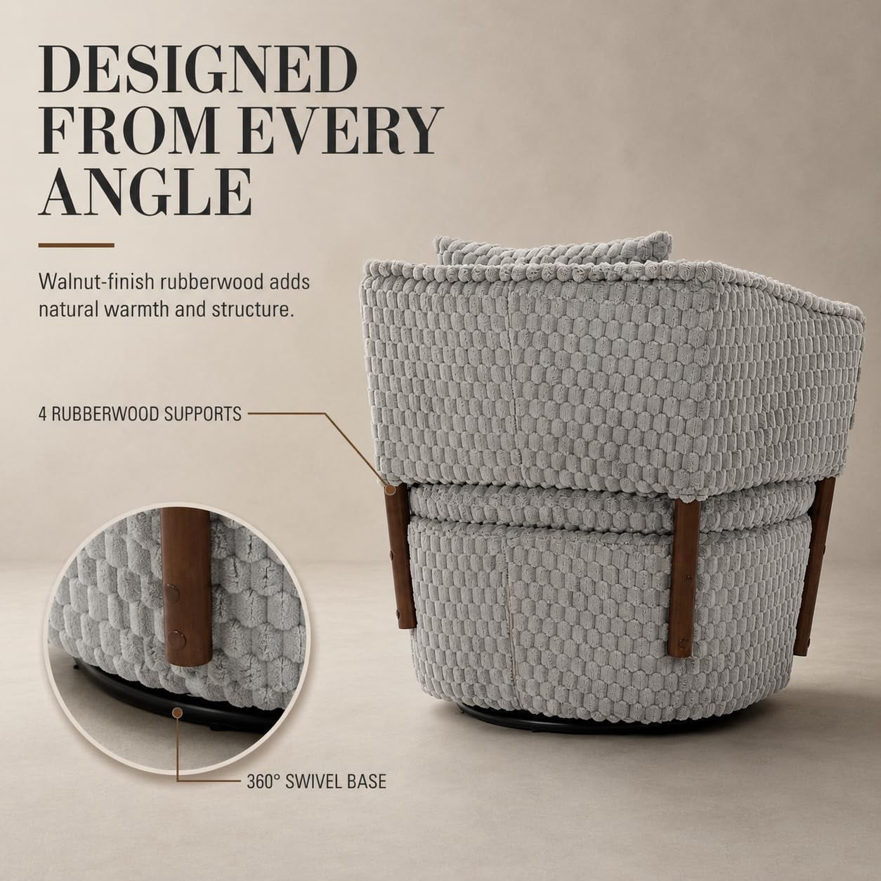 MOONIMSS 360°Swivel Accent Chair, Corduroy Vanity Chair with Storage,Gray
