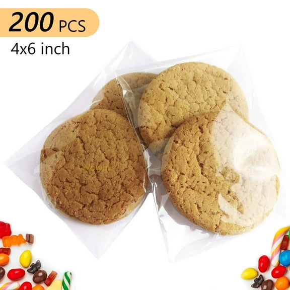 Tripumer 200 Pcs Clear Cellophane Bags 4 x 6 inch Self-adhesive Biscuit Self Sealing Cookie Bags Plastic Packaging Bags for Party Cookie Small Present
