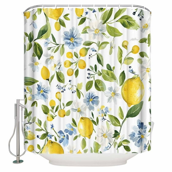 72x78 Inch Shower Curtain Summer Lemon Bathroom Decor Waterproof Fabric Bathtub Bath Curtains Decorative Yellow Fruits Spring Floral Botanical Extra Long Shower Curtain Set with Hooks