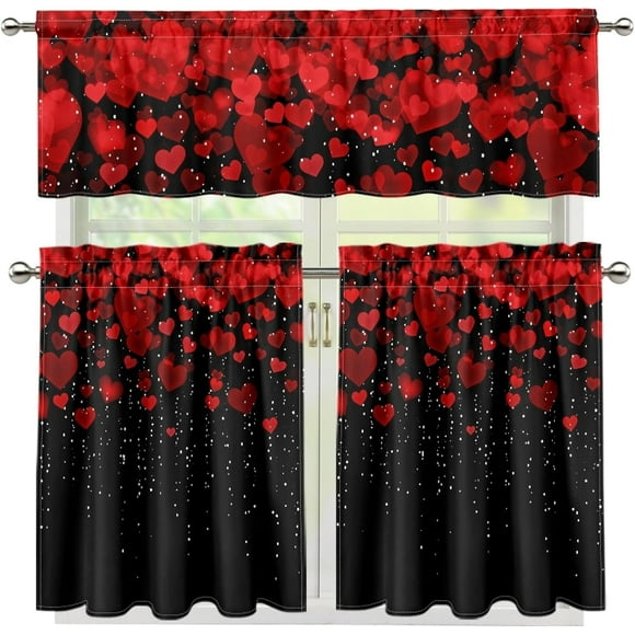 Red Heart Kitchen Curtain Tier&Valance Set 36" Length Tier Curtains Rod Pocket Window Valance for Living Room Bedroom Valentine''s Day Decorations,3 Piece Set