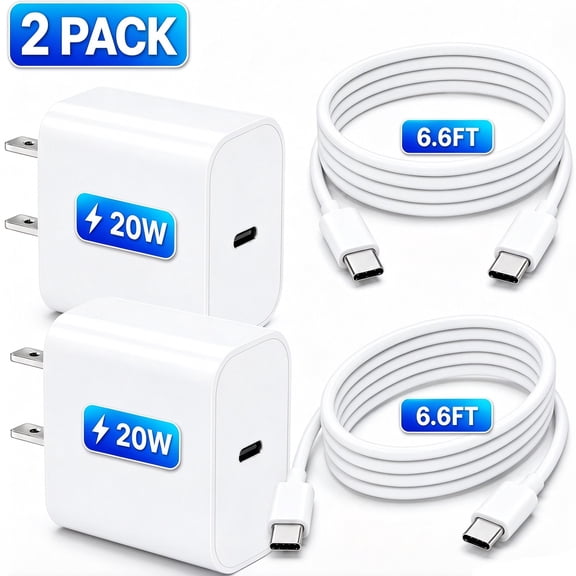 GAZILY® 2 Pack USB C Wall Charger, PD 20W Fast Charging Block with 6.6FT USB C to USB C Cable, Compatible with iPhone 17/16/15 Series, White