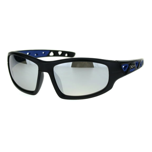 Xloop Mens Warp Around Plastic Sport Silver Mirror Sunglasses Matte Black Blue
