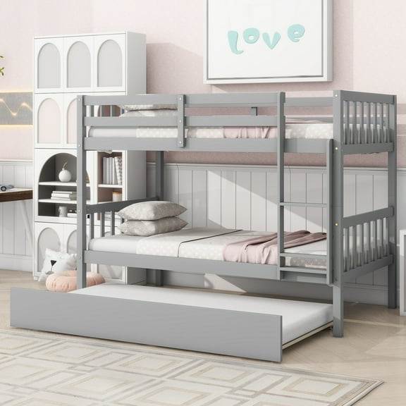 CoSoTower Twin Over Twin Rubber Wood Bunk Bed with Trundle, Convertible Into Twin Size Beds, Twin Size Bunk Bed with Ladder and Safety Guardrails,Grey
