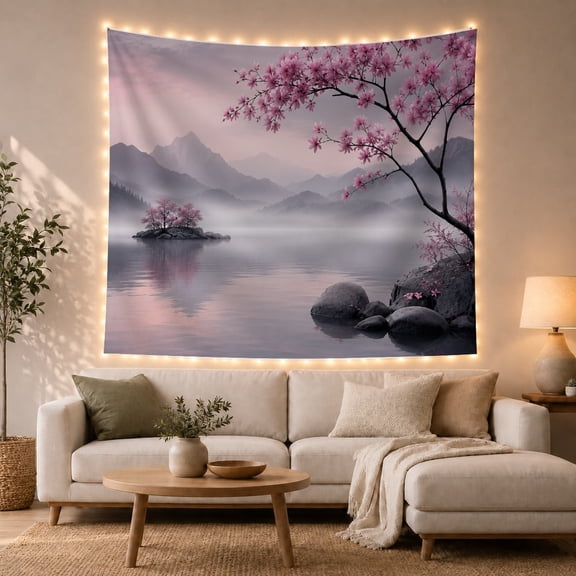 Misty Mountain Lake with Cherry Blossom Tree, Dreamy Japanese Inspired for Nature Lovers, Tranquil Scenery Wall Art Housewarming Gift, Tapestry Wall Hanging for Bedroom and Living Room