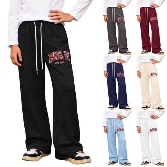 Shadoumai Boys Sweatpants Baggy Trousers Letter Graphic Wide Leg Track Jogger Bottoms with Elastic Waist Side Pockets Stretch Fabric for Youth Street Casual Wear