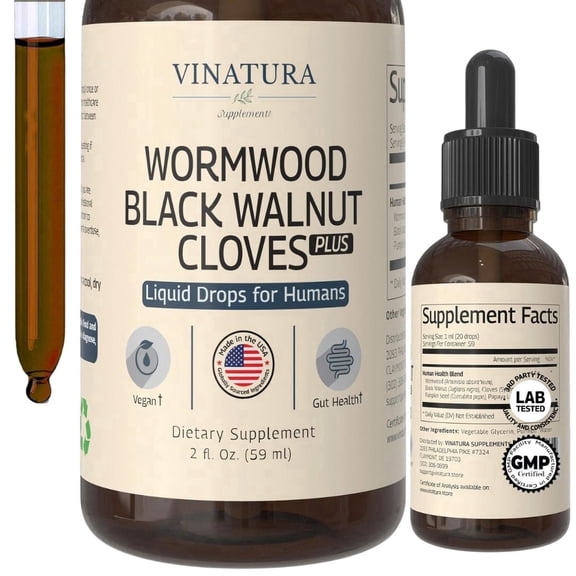 VINATURA Wormwood Black Walnut Cloves Liquid - Cleanse, Detox for Humans with Papaya Leaf and Pumpkin Seed, Intestinal Guard Formula Supplement - 2 fl oz