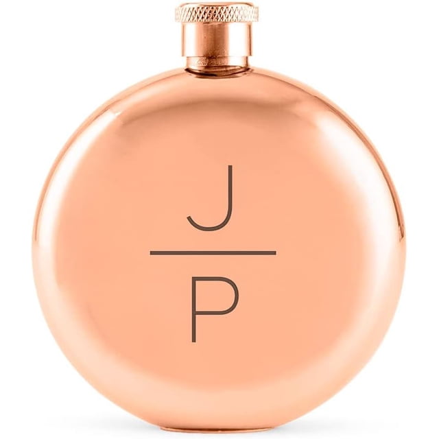 Weddingstar Customizable Rose Gold Stainless Steel Round Hip Flask - Stacked Monogram Engraving