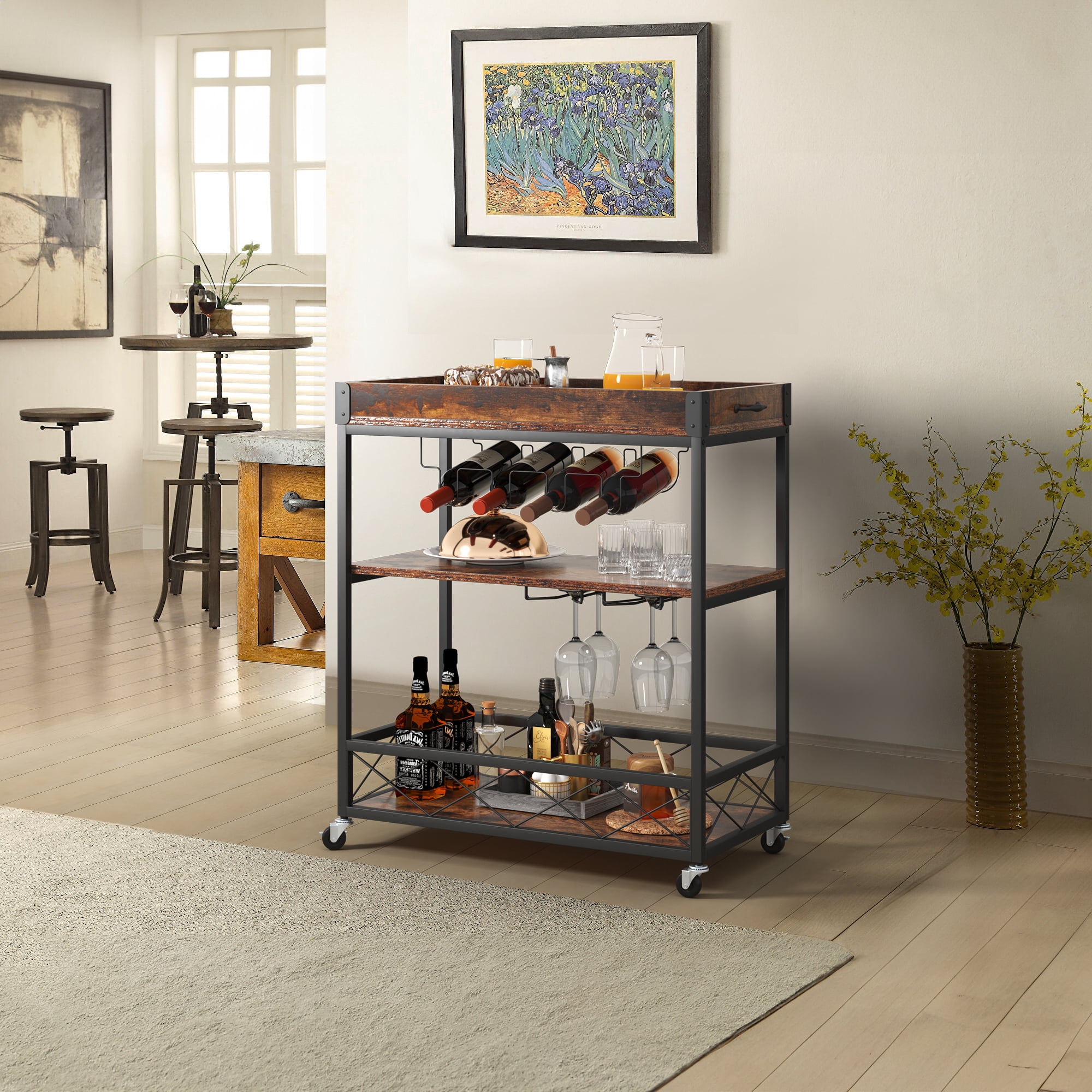 DEXTRUS 31" Rolling Kitchen Cart with Wine Rack and Glass Holder, Removable Tray and Storage Drawer