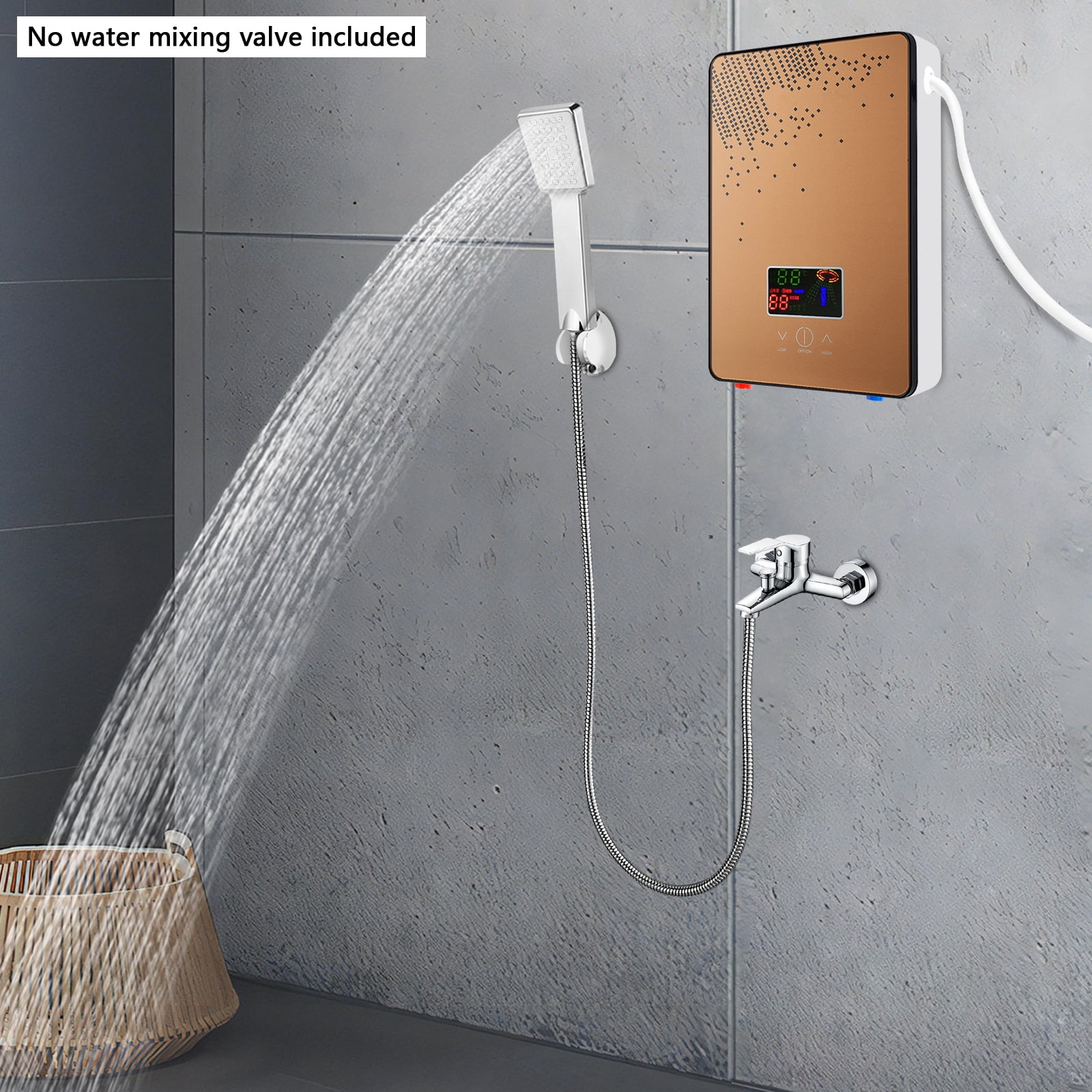 Electric Tankless Water Heater 4500w Residential Instant Mini Water Heater Electric Instant Hot Water Heater Color Screen Host with Shower Adjustable Golden for Kitchens Bathrooms Restaurants