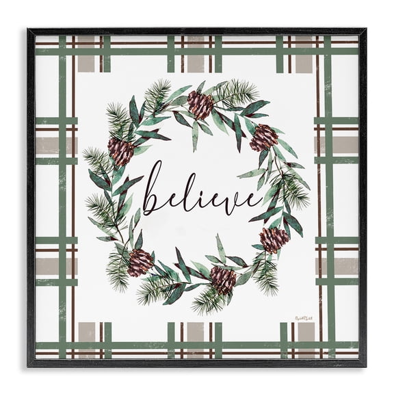 Stupell Industries Believe Wreath on Green Plaid Black Framed Giclee Art design by Elizabeth Tyndall, 12 x 12