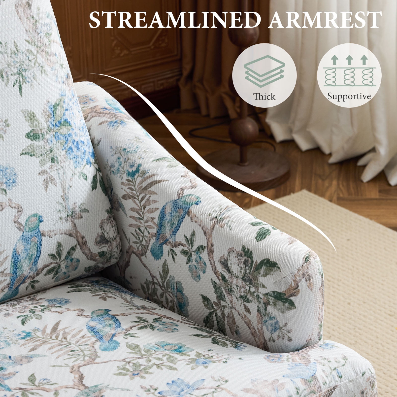 Bezseller Floral Accent Chair, Upholstered Armchair with Solid Legs,for Living Room, Bedroom, Office, Beige