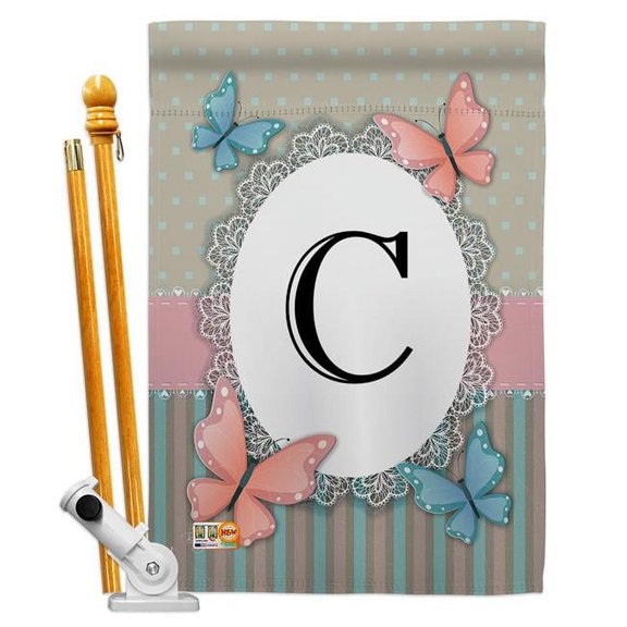 Breeze Decor BD-BG-HS-130133-IP-BO-D-US14-BD 28 x 40 in. Butterflies C Initial Garden Friends Bugs & Frogs Impressions Decorative Vertical Double Sided House Flag Set & Pole Bracket Hardware