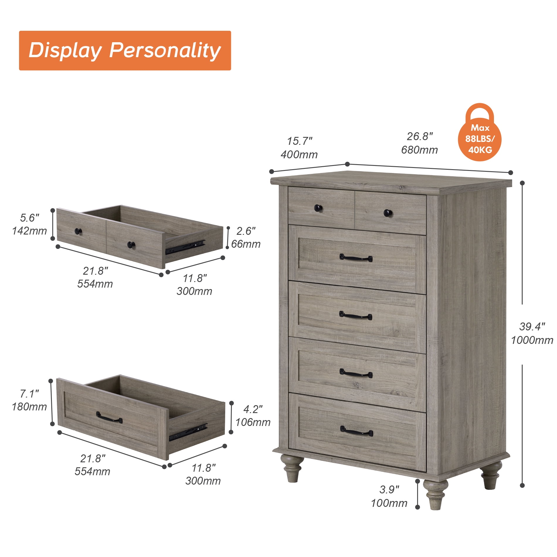 Grey Wood Chest of Drawers, Farmhouse Dresser for Bedroom & Living Room