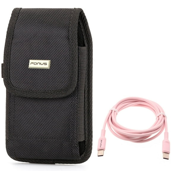 USB-C to Type-C Pink 6ft Long Cable w Rugged Case Belt Clip for Samsung Galaxy A73 5G,A53 5G,A33 5G,A13 5G,A03s Phones - PD Fast Charger Cord Power Wire, Holster Canvas Cover Pouch