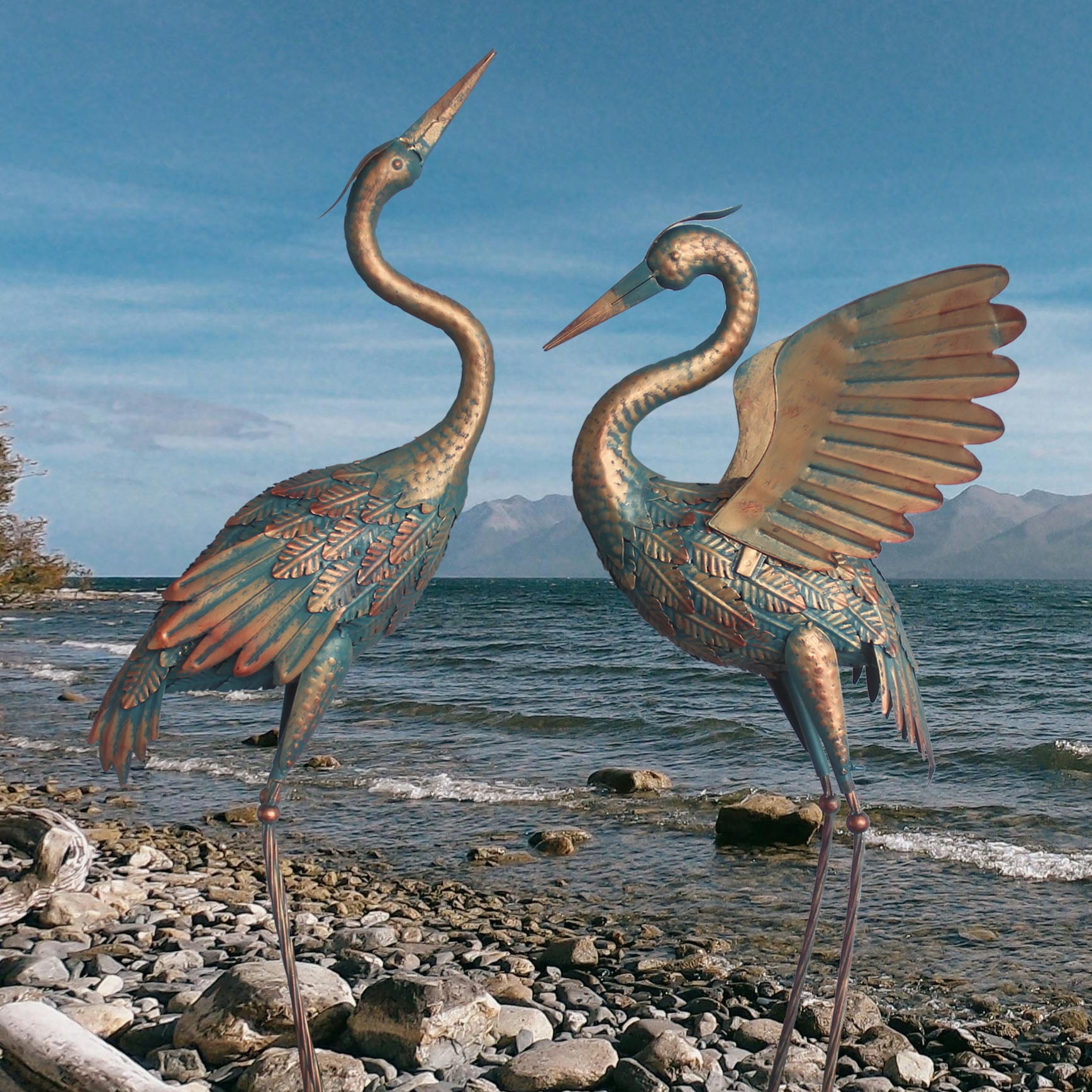 33-37 Inch Metal Crane Garden Statue Décor, Bird Heron Garden Sculpture & Statues, Outdoor Decoration for Yard Pond Lawn Backyard Pool, Vintage Spread Wings Crane, Set of 2 Copper
