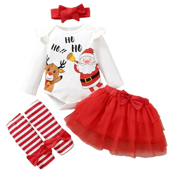 TBWNWG Ensembles et Ensembles Mignons pour Filles Tout-Petits Noël Lettres Imprimées Manches Longues Évasées Barboteuse Jupe Bandeau Chaussettes Tenue Complète, Taille 12-18 Mois