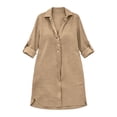 thumbnail image 4 of Plus Size Dresses Women's Linen Shirt Dress 3/4 Roll-Up Sleeve Button Down Casual Loose Tunic Dress for Summer Beach Khaki S, 4 of 9