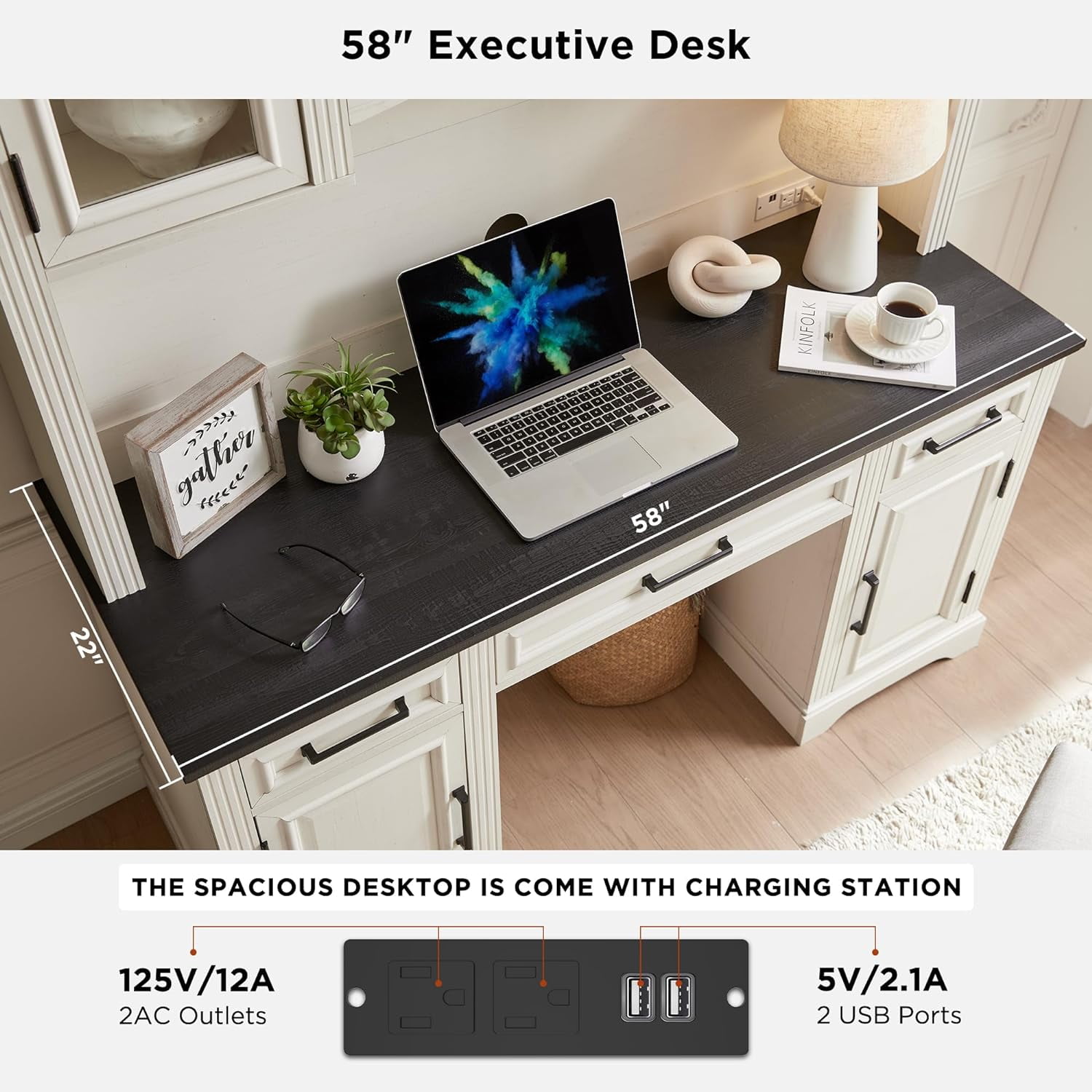 T4TREAM Executive Desk with Hutch, Farmhouse Office Desk with Charging Station & Wood Bookshelf Drawers and Storage Cabinet, White