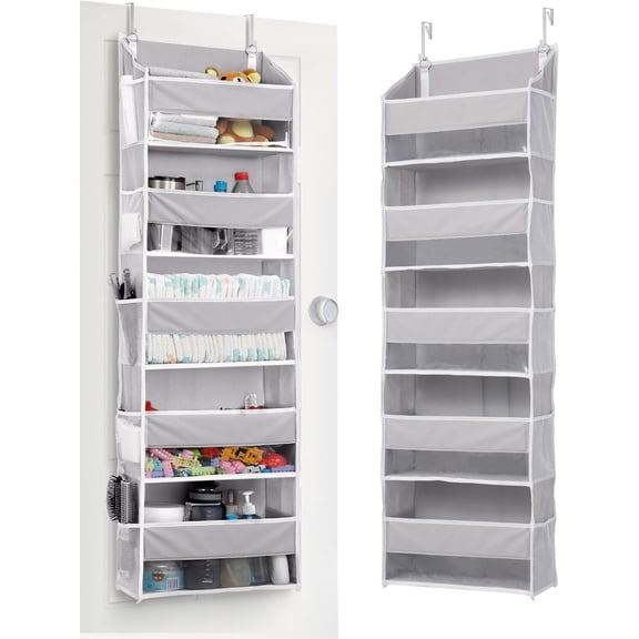 Over Door Organizer with 5 Large Pockets 10 Mesh Side Pockets, 44 lbs Weight Capacity Hanging Storage Organizer with Clear Window for Kids Toys, Shoes, Diapers, Grey