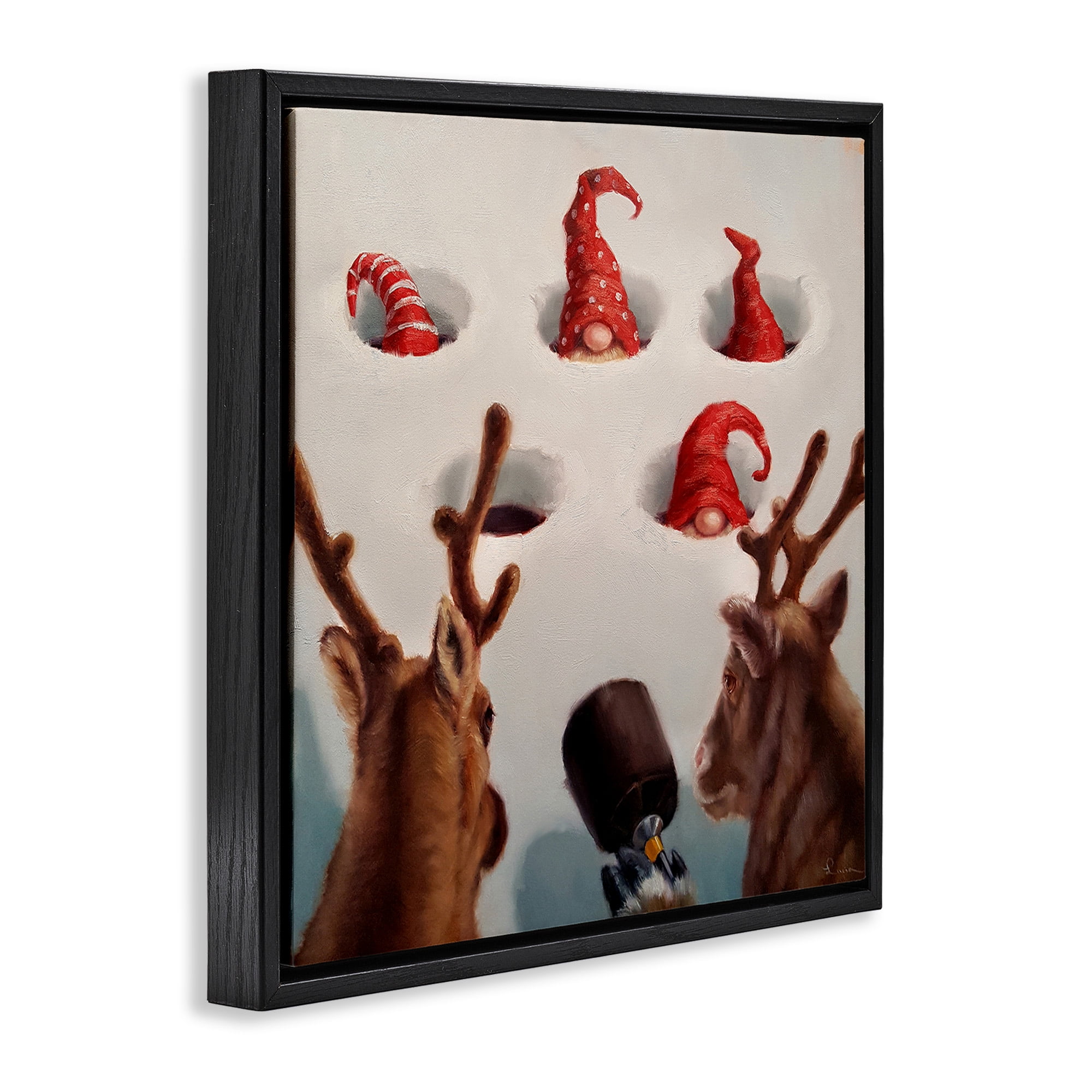Stupell Industries Holiday Whack an Elf Humor Animals & Insects Painting Black Floater Framed Canvas Art Print Wall Art, 18 x 18