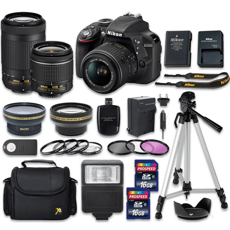 Nikon D3300 DSLR Camera w/ 18-55mm VR Lens (Vibration Reduction) + NIKKOR 70-300mm Lens with 2 Pieces 16GB High Speed SDHC Memory Cards, Camera Bag, Professional Tripod - International
