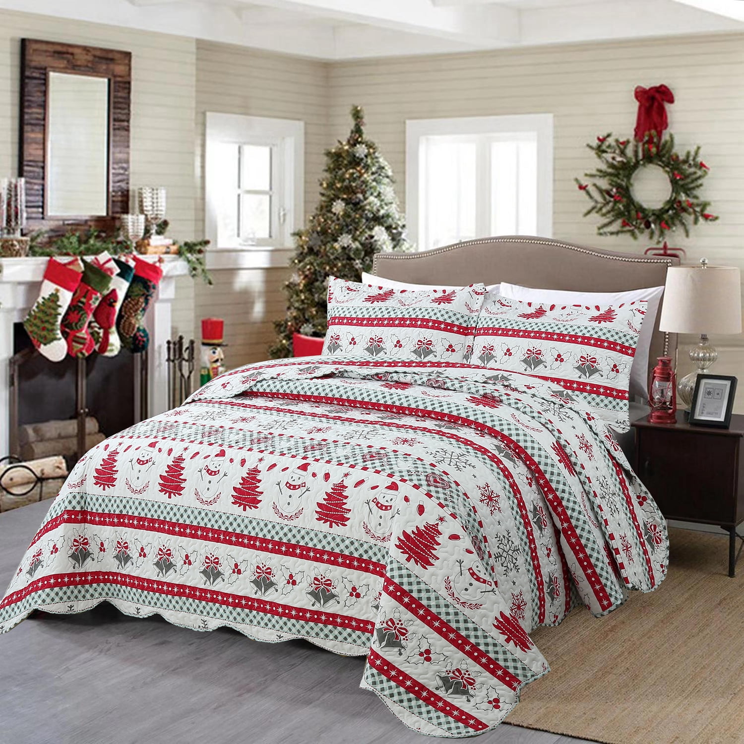 MarCielo 3 Pcs Snowman Christmas Quilt Bedspread Set C89