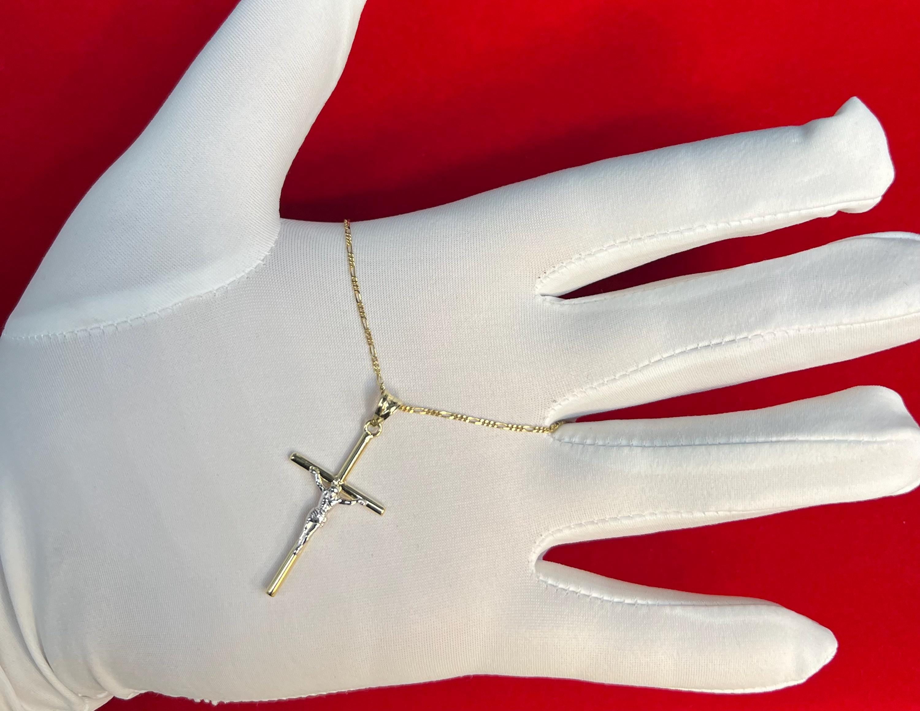10k Real Gold Jesus Crucifix Pendants Necklace, 10k Real Gold Two Tone Cross with 10k Solid Gold 1mm Figaro Chain, Cross, 10k Gold Cross (Chain Lenght:with 16'' chain;)