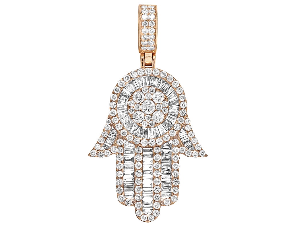Jewelry Unlimited 10k Rose Gold Real Baguette Diamond Hamsa Hand