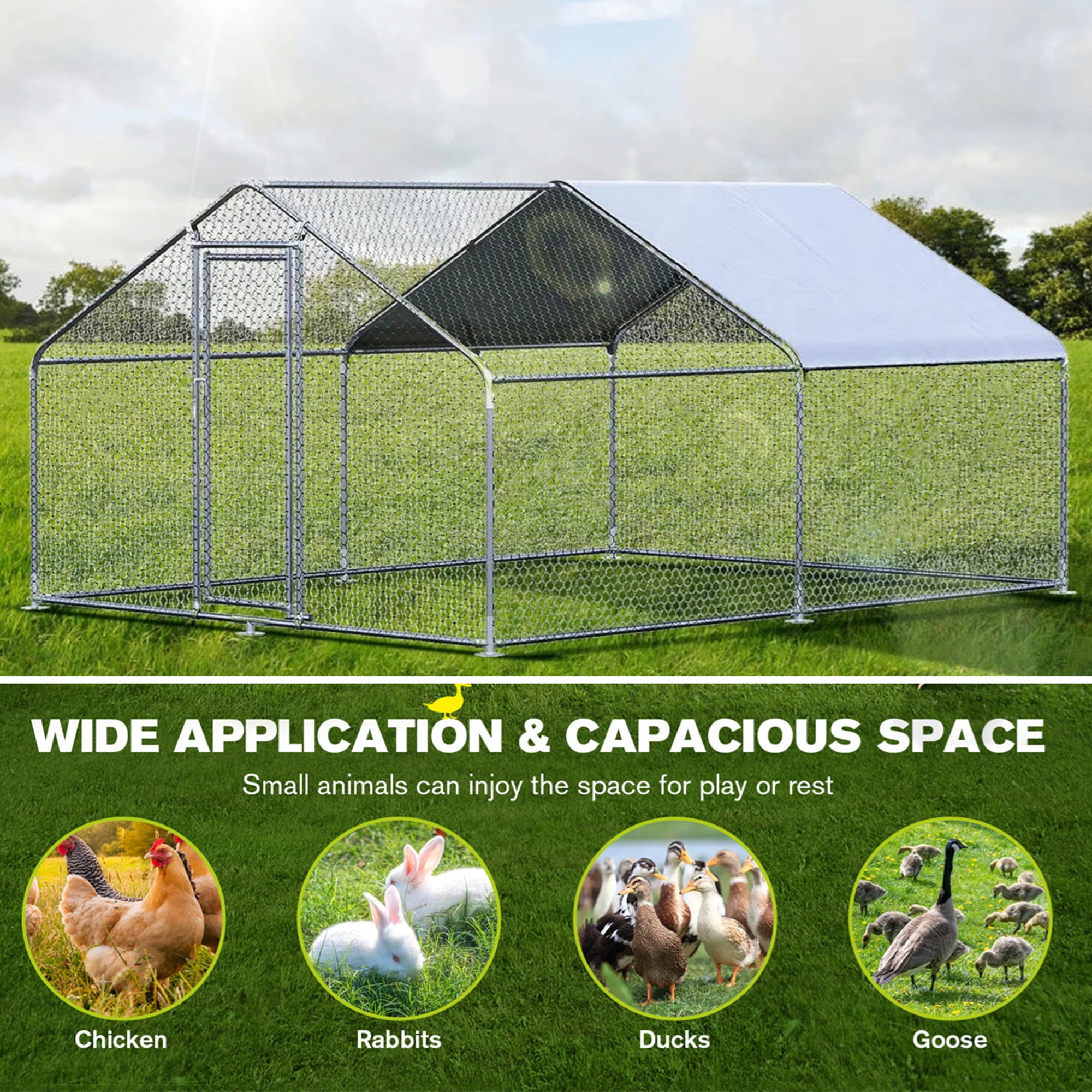 Aukfa Chicken Coop, 13.1 ft Large Chicken Run Cage Outdoor, Heavy Duty Spire Shaped Metal Frame