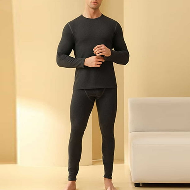 Conjuntos de ropa interior térmica para hombre, ropa holgada de color liso para el hogar, pantalones con bolsillos, top de manga larga con cuello redondo, conjuntos de pijama, pantalones superiores de