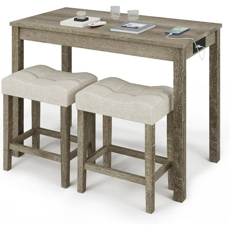 3-Piece Counter High Bar Table Set with Socket and 2 Fabric Padded Bar Stools Tall Kitchen Breakfast Dining Table Set with Stools (Natural)
