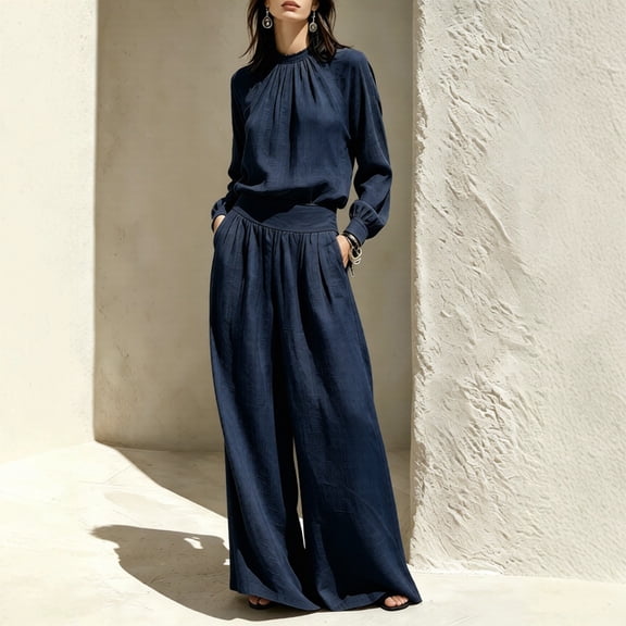 Morttic Women's High Neck Puff Long Sleeve Top & High Waist Wide Leg Pants with Side Pockets 2 Piece Outfit Loose Casual Set Navy Blue,S