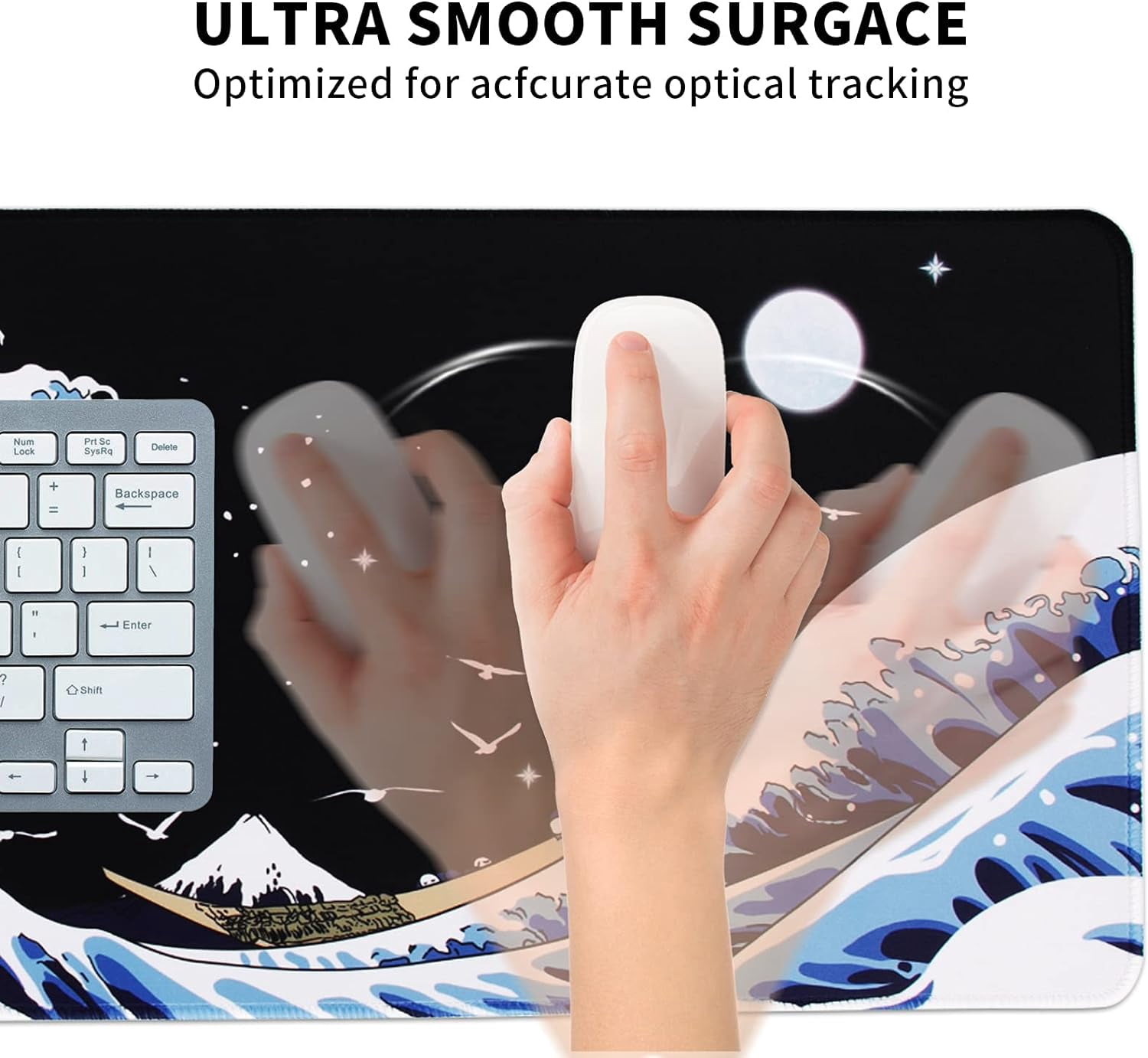 Gaming Laptop Mouse Pad,Sea Wave Big Mice Pads PC Keyboard Waterproof and Non-Slip 35.4 x 15.7" 0.12" Thick Thick XL,XXL Rubber Table Mat, Kanagawa Surfing and Black Japanese Mouse Pads
