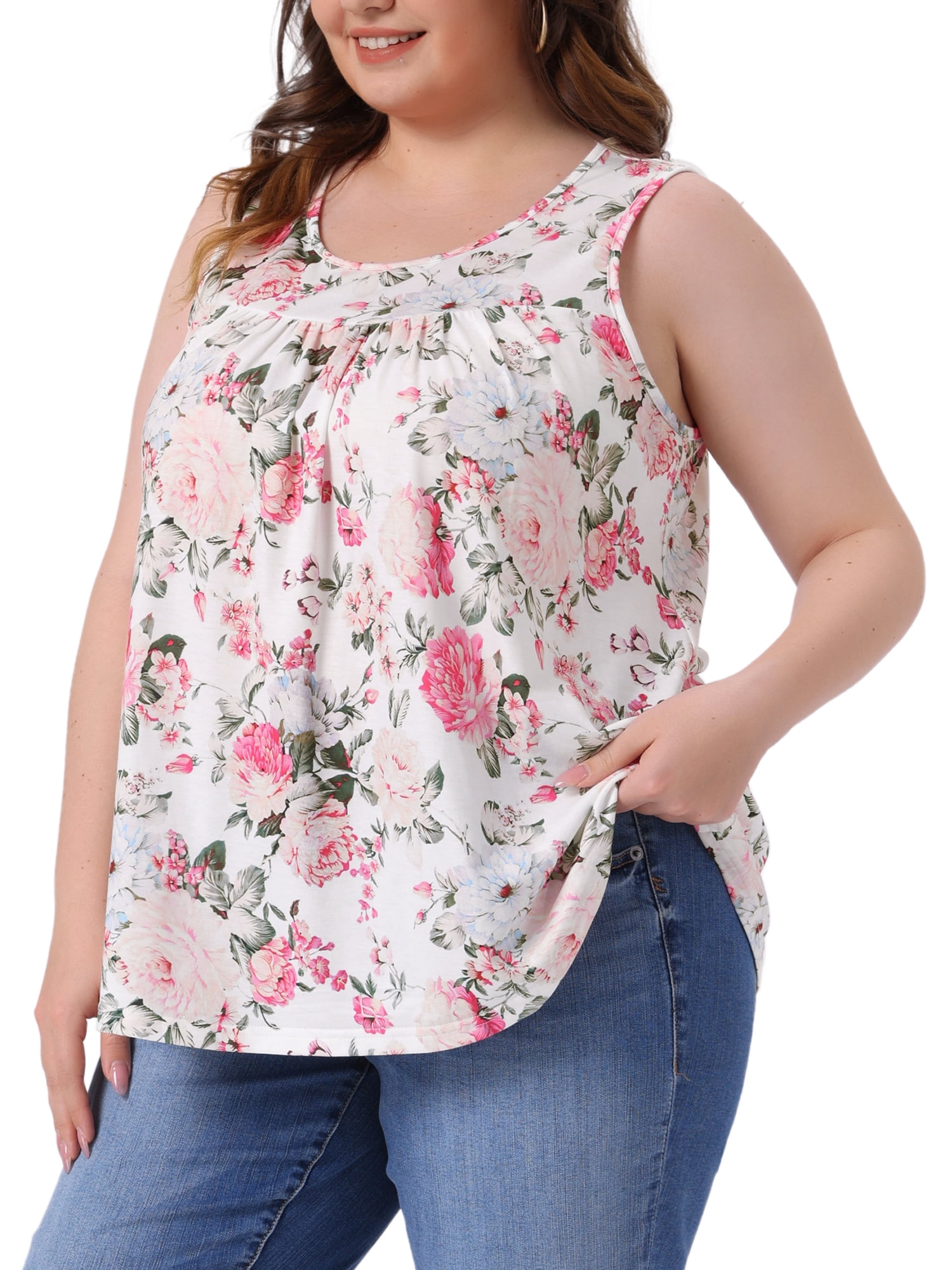 DARING DIVA Women's Plus Crew Neck Boho Pleated Curved Hem Tank Top Blouse 4X White