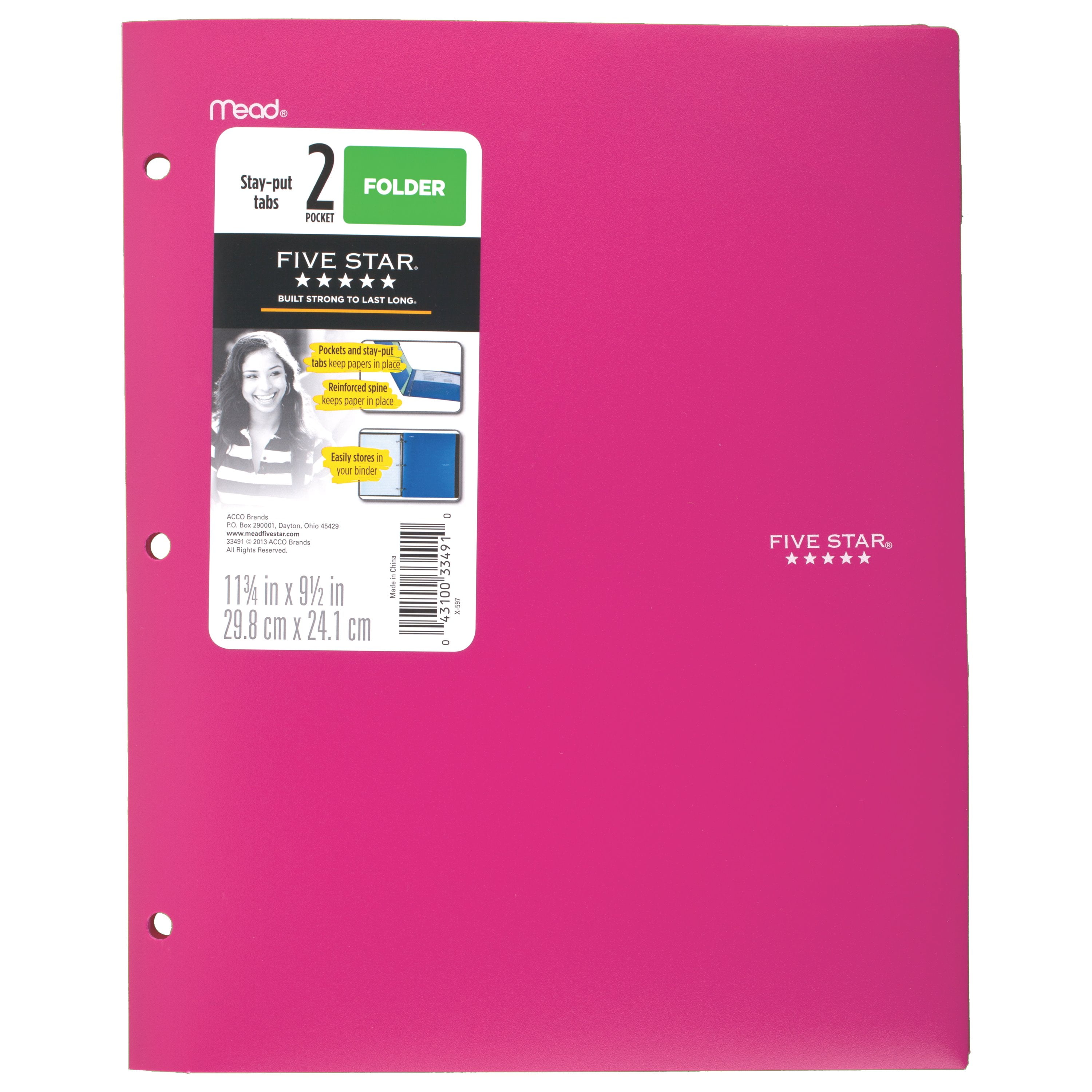 Five Star 2-Pocket Stay-Put Plastic Folder, Pink (33491)