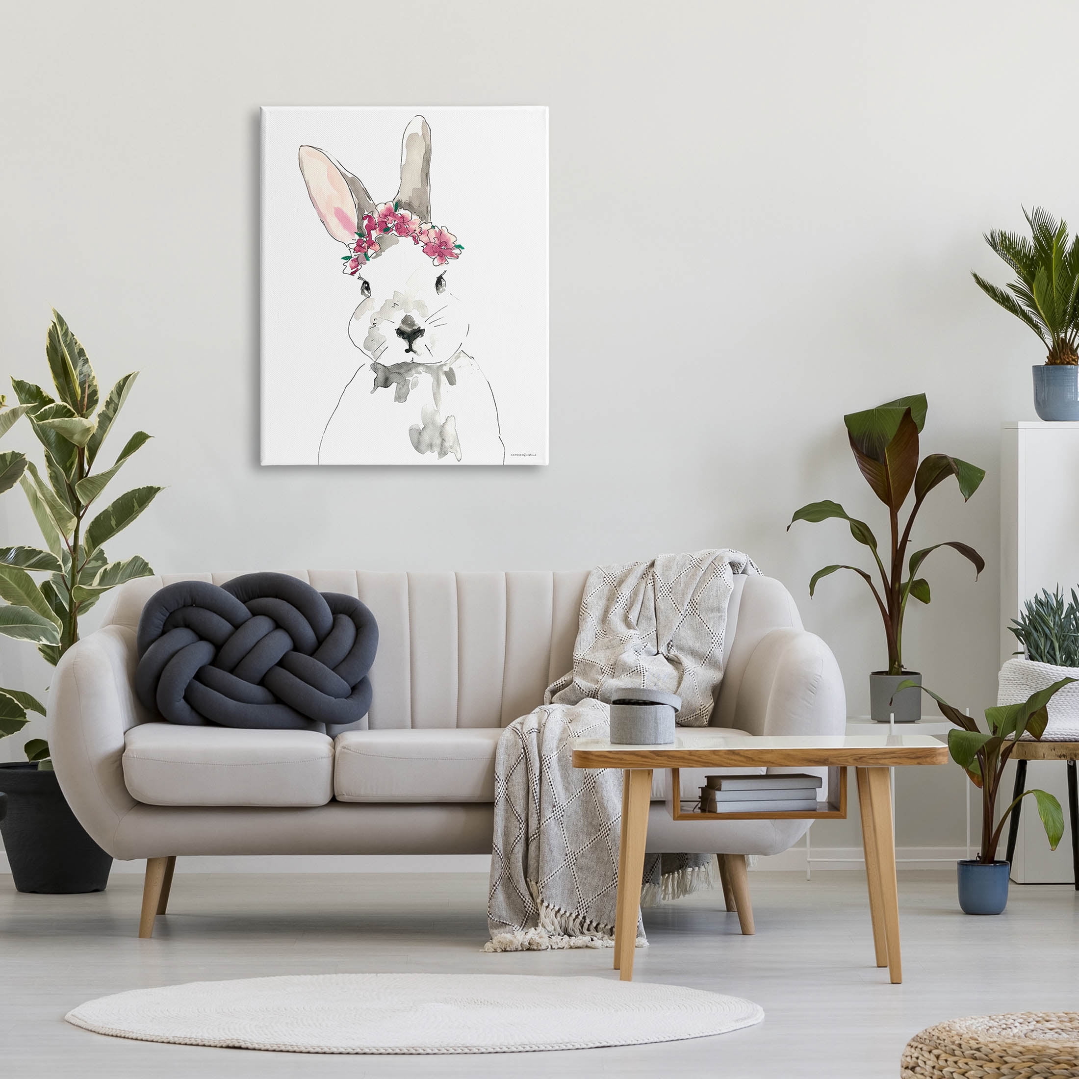 Bunny Pink Flower Doodle Animals & Insects Graphic Art Gallery Wrapped Canvas Print Wall Art