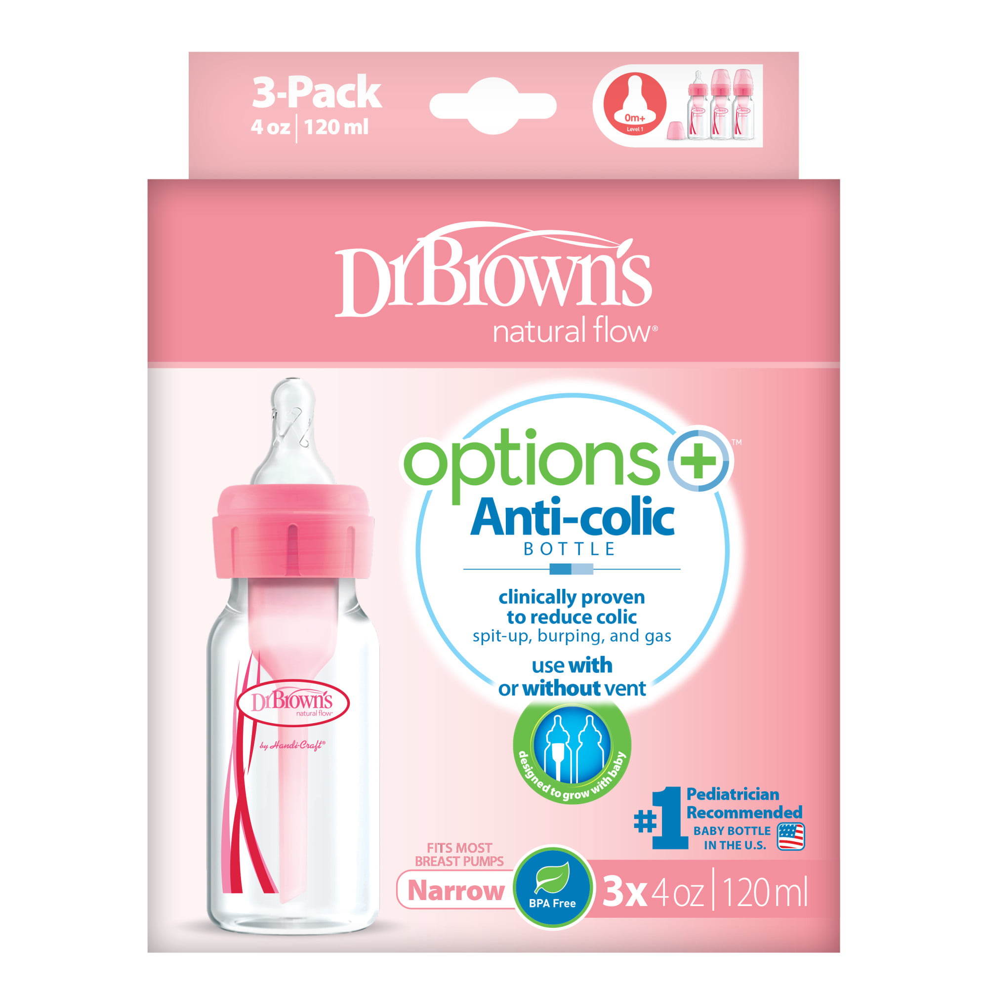 Dr. Brown's Options+ Anti-Colic Baby Bottle - Pink - 4oz - 3-Pack -  Walmart.com