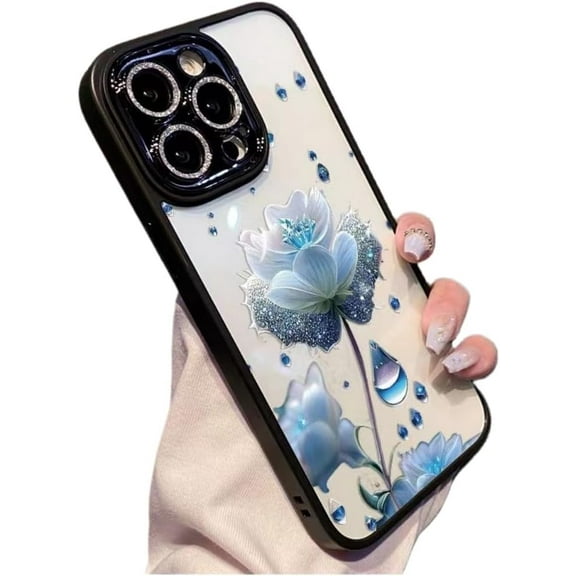 Blue Rose Flower Painted Phone Case, Semi-Clear Phone Case with Glitter Glass Lens Film, Anti-Drop, Small Fresh Design for iPhone 15 14 13 12 11 Pro Max Plus Phone Case (Black,iPhone 15 Pro)