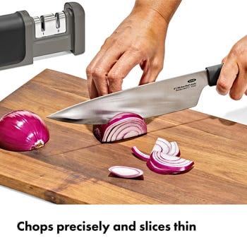 OXO 3-Piece Kitchen Knife and Knife Sharpener Set, Stainless Steel Prep Knives for Everyday Food Prep