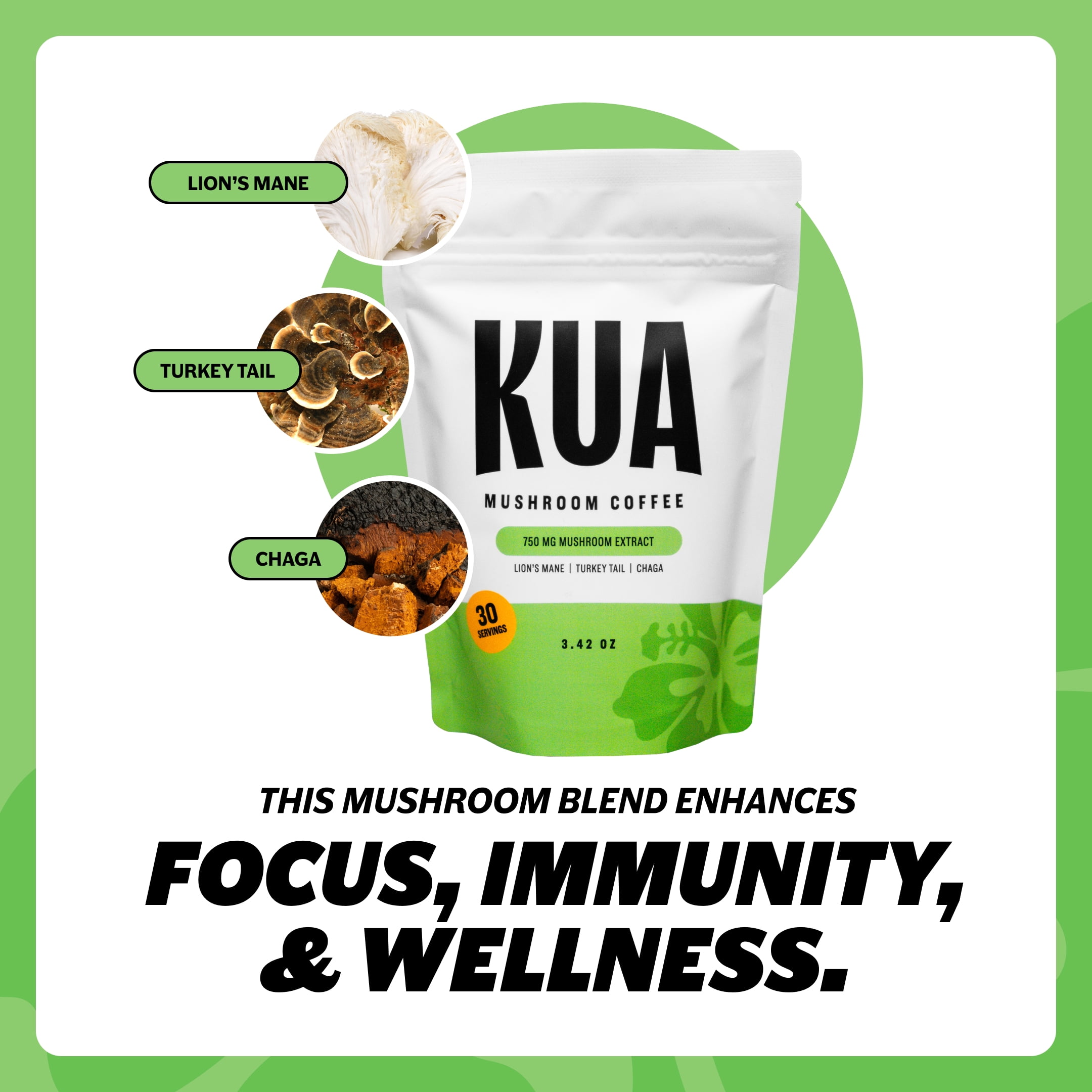 KUA Mushroom Coffee Lions Mane, Turkey Tail, Chaga Enhanced Energy, Improved Mood, Healthier Gut, Stronger Immunity 30 Servings