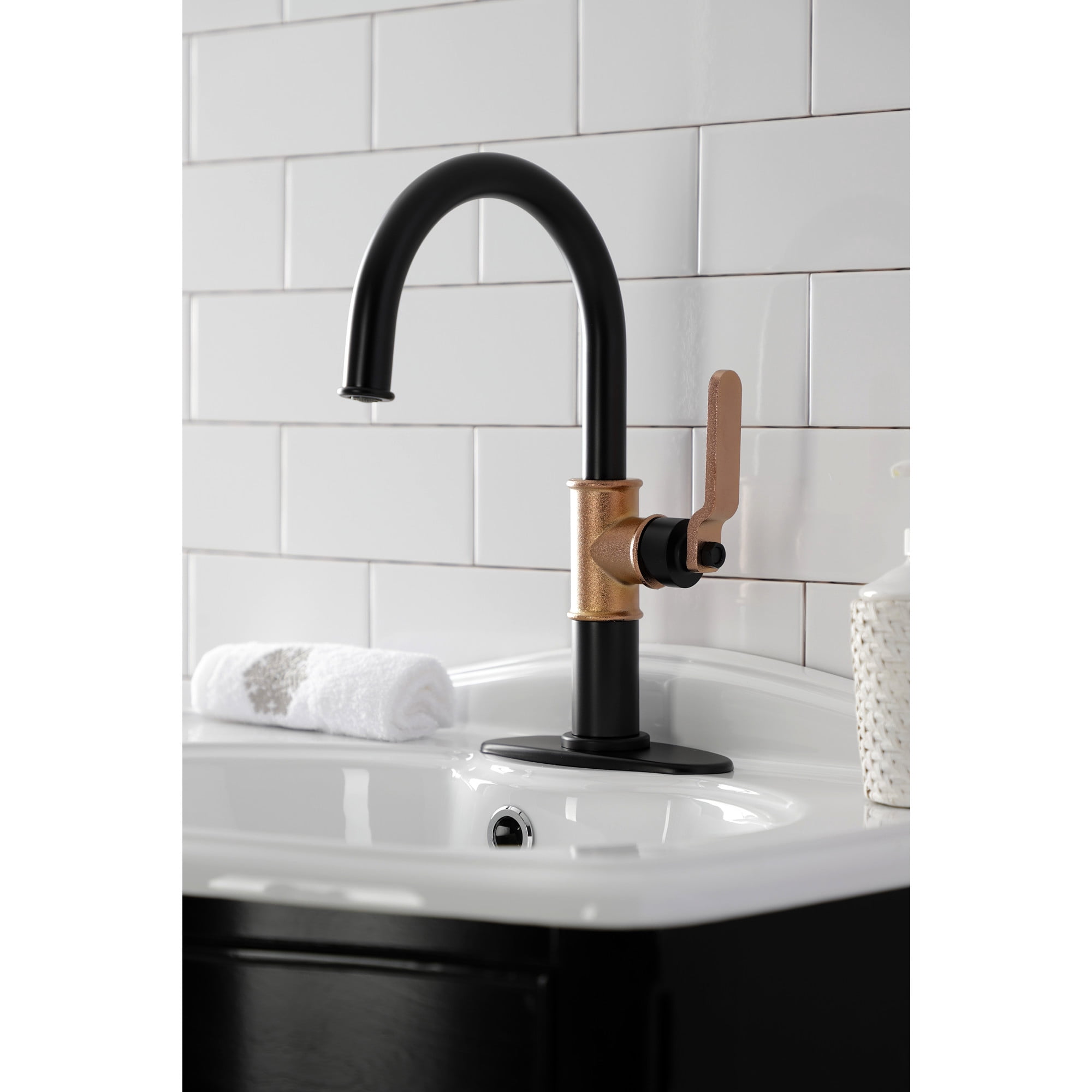 Kingston Brass KSD2237KL Whitaker One-Handle Single-Hole Bathroom Faucet with Deck Plate and Push Pop-Up Drain, Matte Black/Rose Gold