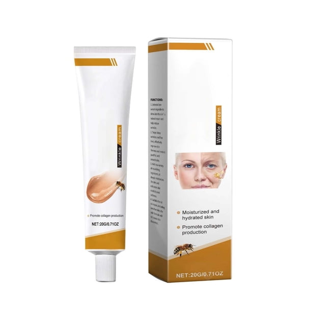 crema hidratante, crema hidratante, crema facial antiarrugas, crema antiarrugas hidratante, líneas de expresión ligeras, aclarado, 20 g, crema facial Tubo y caja frontales sobre fondo blanco, vista centrada; tubo plástico blanco con franjas doradas y gota de crema beige junto a pequeña ilustración de abeja, caja rectangular blanca con foto mitad antes/después del rostro y texto que muestra 'NET:20G/0.71OZ', presenta formato de 20 g y diseño de empaque de la marca Mychoice, indicado como crema facial hidratante y antiedad para reducir la apariencia de líneas ligeras y aclarar el tono; su tamaño compacto es adecuado para uso diario o para llevar en bolso.