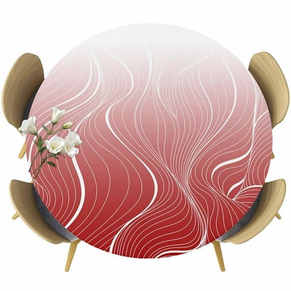 Red Geometric Fitted Tablecloth with Elastic Edged, Round Table Cloth for Dining Table, Modern White Stripe Abstract Distortion Art Waterproof Oil Proof Table Cover for Indoor Outdoor 45"-54"