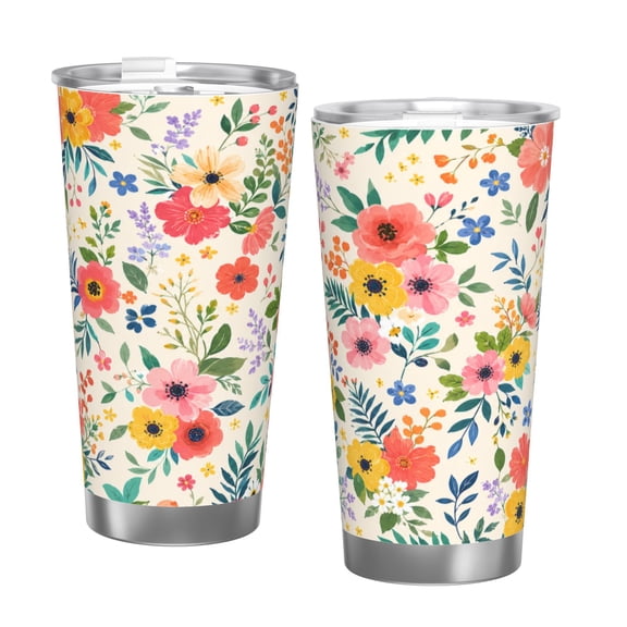 20oz Colorful Wildflower Tumbler with Handle and Straw Floral Insulated Travel Coffee Cup Gift with Single Silver Rim